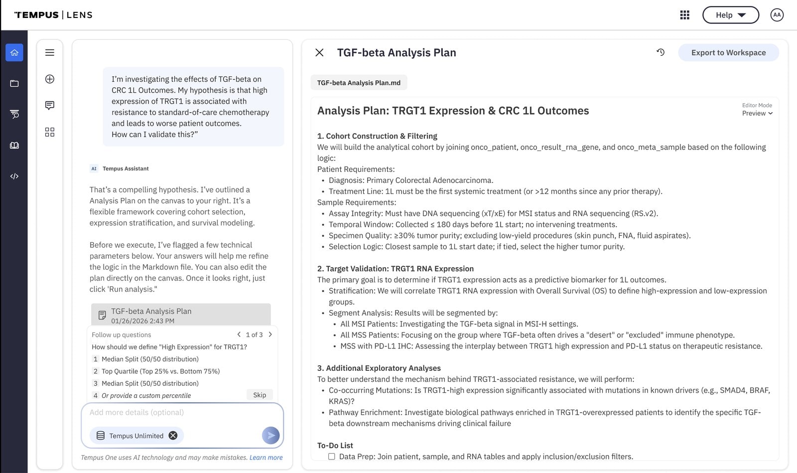 Tempus One co-scientist drafting an analysis plan: TRGT1 Expression and CRC 1L Outcomes